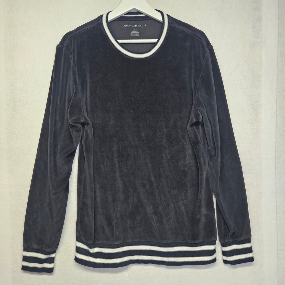 American Eagle Black Velour Striped Crewneck Shirt Women's Small S Soft Cozy